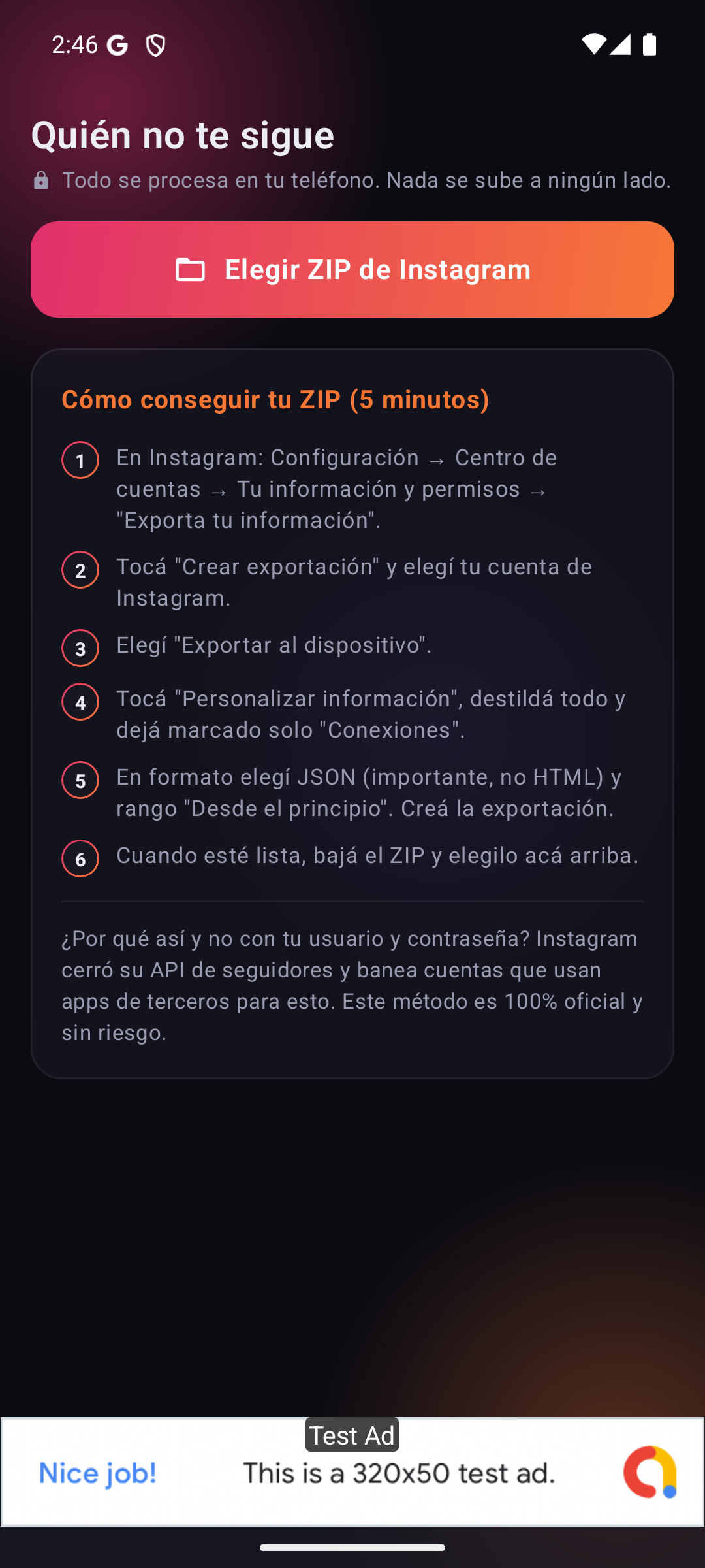 Pantalla de bienvenida de InstaUnfollowers